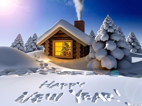 Happy New Year 2019! Cosy house in forest. Ecard. Happy New Year 2019. Winter. Snow. House in snow Forest. Fir-trees. Free Download 2024 greeting card