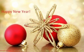 This golden star for you in the new year. Ecard. Happy New Year 2019. Red and golden Balls. Golden Star. Free Download 2025 greeting card