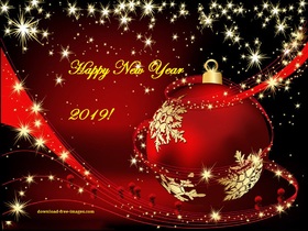 This incredible Happy New Year 2019 card! Ecard. Happy New Year 2019. Yellow Stars. Red Ball. Red ribbon. Snowflakes. Free Download 2025 greeting card