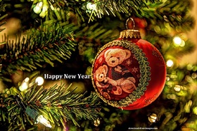 Happy New Year 2019! Lovely teddies congratulate U Happy New Year 2019. Bears. Red Ball. Fir-tree. X-mas tree. Christmas tree. Garlands. Lights. Magic ecard 2019 Free Download 2024 greeting card