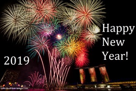 New Year fireworks! New ecard 2019. Happy New Year 2019. Bright colorful Fireworks. Free Download 2024 greeting card