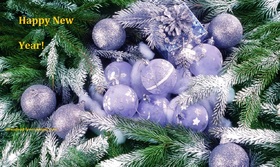 The nice e-card for your aunt) Magic ecard 2019. Happy New Year 2019. Fir-tree. Purple Balls. Snow. Free Download 2024 greeting card
