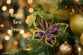 Happy New Year 2019! Send the butterfly of luck. Happy New Year 2019. Golden Balls. Lights. Fir-tree. X-mas tree. Christmas tree. Butterfly of luck. Free Download 2025 greeting card