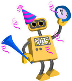 This funny robot will bring you happiness. Ecard. Happy New Year 2019. Robot With happiness. Clock. Five minutes to New Year. Free Download 2025 greeting card