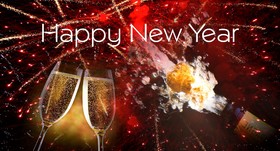 Happy New Year 2019! Have a great year! Ecard. Happy New Year 2019. Two Champagne glasses. Red background. Firework. Free Download 2025 greeting card