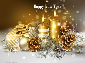 Happy New Year 2019 in gold. New ecard 2019. Happy New Year 2019. Two gold Candles. Balls. Snow. Free Download 2024 greeting card