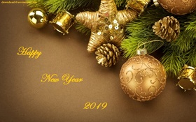 This beautiful golden New Year decorations for you Happy New Year 2019. Golden Balls. Golden Stars. Fir-tree. X-mas tree. Christmas tree. Magic ecard 2019. Free Download 2024 greeting card