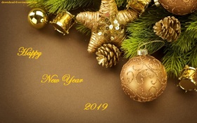 This beautiful golden New Year decorations for you Happy New Year 2019. Golden Balls. Golden Stars. Fir-tree. X-mas tree. Christmas tree. Magic ecard 2019. Free Download 2025 greeting card