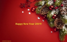 Happy New Year 2019 for all your friends! Ecard. Happy New Year 2019. Stars. Red Balls. Fir-tree. X-mas tree. Christmas tree. Red background. For friends. Free Download 2025 greeting card