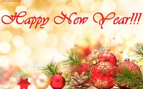 The rich New Year e-card for the best people. Happy New Year 2019. Red and yellow Balls. Fir-tree. X-mas tree. Christmas tree. Yellow background. Free Download 2024 greeting card