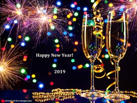 Beautiful new year card for you. New ecard 2019. Happy New Year 2019. Fireworks. Two glasses of Champagne. Colorful lights. Free Download 2025 greeting card