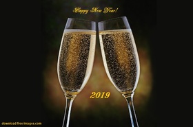 New Year night for two souls... Love and be loved. Happy New Year 2019. Two champagne glasses. Black background. Magic ecard 2019. Free Download 2025 greeting card