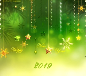 Happy New Year 2019! Let your dreams come true... Happy New Year 2019. Golden Snowflakes. Stars. Balls. Green-and-yellow background. Magic ecard 2019. Free Download 2024 greeting card