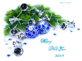 Happy New Year 2019! A very nice e-card. Ecard. Happy New Year 2019. Blue stars. Blue Balls. Bells. Fir-tree. White background. Free Download 2024 greeting card