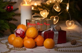 New Year tangerines for a happy new year. Ecard. Happy New Year 2019. Tangerines. Candles. Fir-tree. X-mas tree. Christmas tree. Lights in a heart shape. Free Download 2025 greeting card