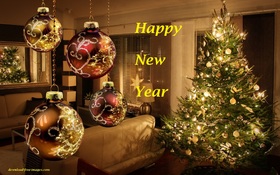 Happy New Year 2019! Have a cosy sweet home. Ecard Happy New Year 2019. Red and yellow Balls. Fir-tree. X-mas tree. Christmas tree. Mirror. Cosy home Free Download 2024 greeting card