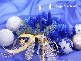 Romantic New Year in blue for you. New ecard 2019. Happy New Year 2019. Two Candles. White and blue Balls. Snow. Present. Free Download 2025 greeting card