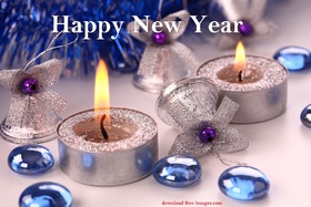 Two silver candles for a happy couple. New ecard. Happy New Year 2019. Two Silver Candles. Bells. Snow crystals. Free Download 2024 greeting card
