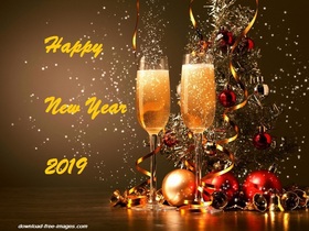 Happy New Year! Send this card to your lover. Happy New Year 2019! Red Balls. Twq Champagne glasses. Magic ecard 2019. Free Download 2025 greeting card