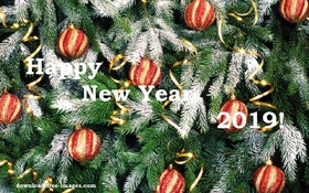Congratulate your colleges. Magic ecard 2019. Happy New Year 2019. Red-and-yellow Balls. Snow. X-mas tree. Christmas tree. Free Download 2024 greeting card