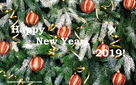 Congratulate your colleges. Magic ecard 2019. Happy New Year 2019. Red-and-yellow Balls. Snow. X-mas tree. Christmas tree. Free Download 2025 greeting card