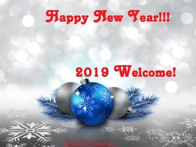 Silver and blue card with balls and snowflakes. Happy New Year 2019. Blue and silver Balls. A big white Snowflakes. New ecard 2019. Free Download 2024 greeting card