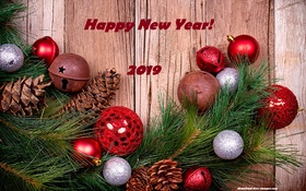 Happy New Year! Beautiful card for your sister! Happy New Year 2019. Red and white Balls. Fir-tree. X-mas tree. Christmas tree. Wooden floor. Free Download 2024 greeting card