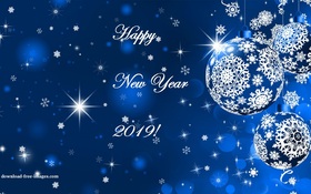 Happy New Year 2019! Gentle e-card. Magic ecard. Happy New Year 2019. Blue-and-white Balls. Snowflakes. Lights. Snow. Free Download 2024 greeting card