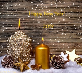 Cosy new year decorations for a lovely person. Happy New Year 2019. Candles. Golden Stars. Snow. Snowflakes. Free Download 2025 greeting card