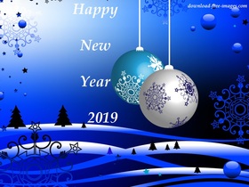 Happy New Year 2019! Don't lose this magic time. Happy New Year 2019. Balls. Snowflakes. New Year night. Fir-trees. Blue e-card. Free Download 2025 greeting card