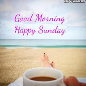 Good Morning. Happy Sunday. New ecard. Sunday Morning. Hello Sunday. Happy Sunday. Coffee on the beach. Have a great Sunday. Free Download 2025 greeting card