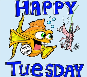 Happy Tuesday and fishes. Ecard for you. Tuesday. Funny Tuesday card with fishes for friends. Happy Tuesday. Tuesday. Free Download 2024 greeting card