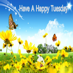 Have A Happy Tuesday! New ecard. Tuesday morning. Have a happy tuesday. Yellow field and butterflies. Blue sky. Have a happy tuesday wishes and postcards. Free Download 2024 greeting card