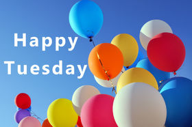 Happy Tuesday and ballons. Ecard for you. Colorful ballons. Happy Tuesday wishes. Have a nive Tuesday. Free Download 2025 greeting card