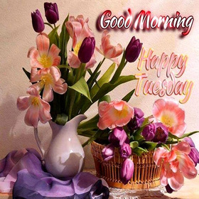 Good morning and Happy Tuesday. New ecard. Happy Tuesday. Beautiful flowers in a vase. Colorful flowers with Happy Tuesday wishes. Free Download 2023 greeting card