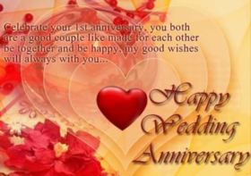 Happy Wedding anniversary!!! Greeting card. Celebrate your first anniversary, you both are good couple like made for each other be together and be happy, my good wishes will always with you... Free Download 2024 greeting card