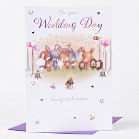 Happy wedding daycard with an animals. New ecard. To the husband and wife. May we all be invited to tour golden wedding celebrations. Free Download 2024 greeting card