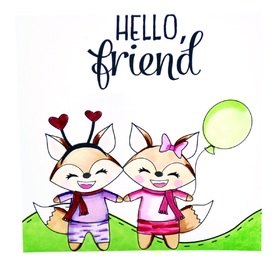 Hello, friend! I miss you, buddy. New ecard. Free image. Card for friend. Hello from two cute squirrels with green balloon. Free Download 2024 greeting card