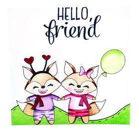 Hello, friend! I miss you, buddy. New ecard. Free image. Card for friend. Hello from two cute squirrels with green balloon. Free Download 2025 greeting card