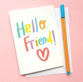 Hi, my friend! How're you?! New ecard. Free image. Card for friend. White envelope with multicolourful sign Hello. Blue felt-tip pen. Free Download 2023 greeting card