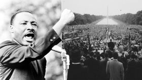 Card with a Martin Luther King. People on black and white. Photo. Free Download 2025 greeting card