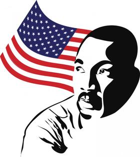 MLK day celebrating. Ecard. Black and white pic of Martin Luther King. USA flag. Free Download 2024 greeting card