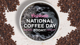 National coffee day postcard for dear friend. Best regards. Download a free card for a friend. The morning begins with coffee. Coffee mood. Free Download 2025 greeting card