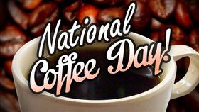 Happy coffee day, sweetie! Postcard with coffee beans. A cup of hot coffee. Have a nice day. Smile more. Good morning. Free Download 2025 greeting card