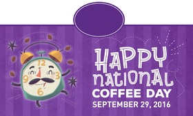 Happy coffee day! Good morning, friend. New Ecard. National coffee day. Good mood. Good morning. Hot coffee. Productive work week. Free Download 2025 greeting card