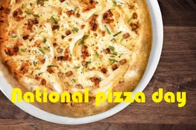 National pizza day postcard from friend. Postcard with pizza on a plate. Have a nice day. Happy holidays. Pizza for everyone. Free Download 2025 greeting card