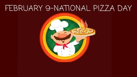 National pizza day card for dear mother. Download free postcard. National Pizza Day. Lovely chef with pizza. Let's go to Italy to eat pizza. Free Download 2023 greeting card