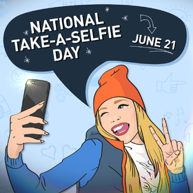 Take-a-selfie day card. New Ecard for You! National selfie day! Bright postcards for friends and family. Let's do the Selfie. This postcard for you. June 21. Free Download 2024 greeting card