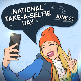 Take-a-selfie day card. New Ecard for You! National selfie day! Bright postcards for friends and family. Let's do the Selfie. This postcard for you. June 21. Free Download 2025 greeting card