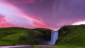 Beautiful sky and waterfall. Nature photo-card. A postcard with a beautiful sky. Pink, purple sky. Postcard with a waterfall. Beautiful view. Favorite place. Calm and nature. Free Download 2024 greeting card